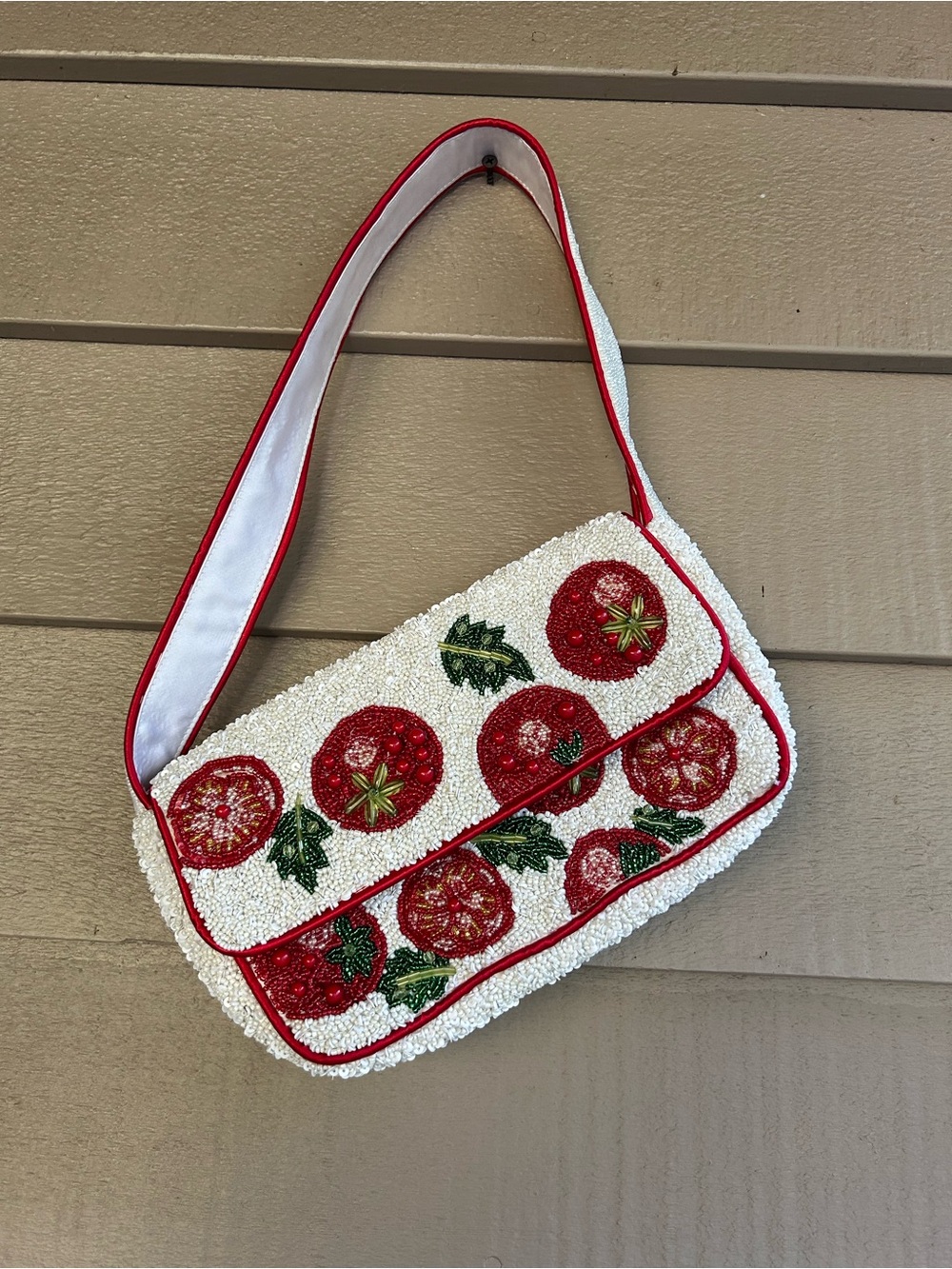 Red & White Totally Beaded Handbag 11” by 6.5”